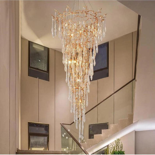 Ciecherella : Crystal Droplet Branch Staircase Chandelier - Modern Copper Chandelier - Designer Lamp