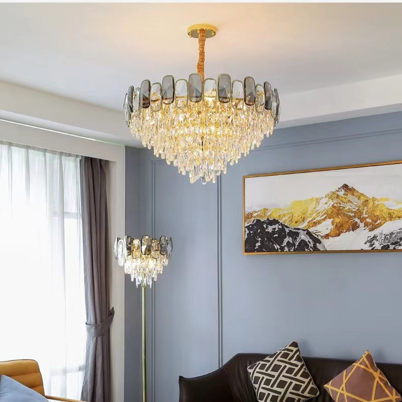 Round/Rectangle Smoky Gray Crystal Pendant Chandelier Ceiling Fixtures Light For Living Room/Dining Room/Entryway