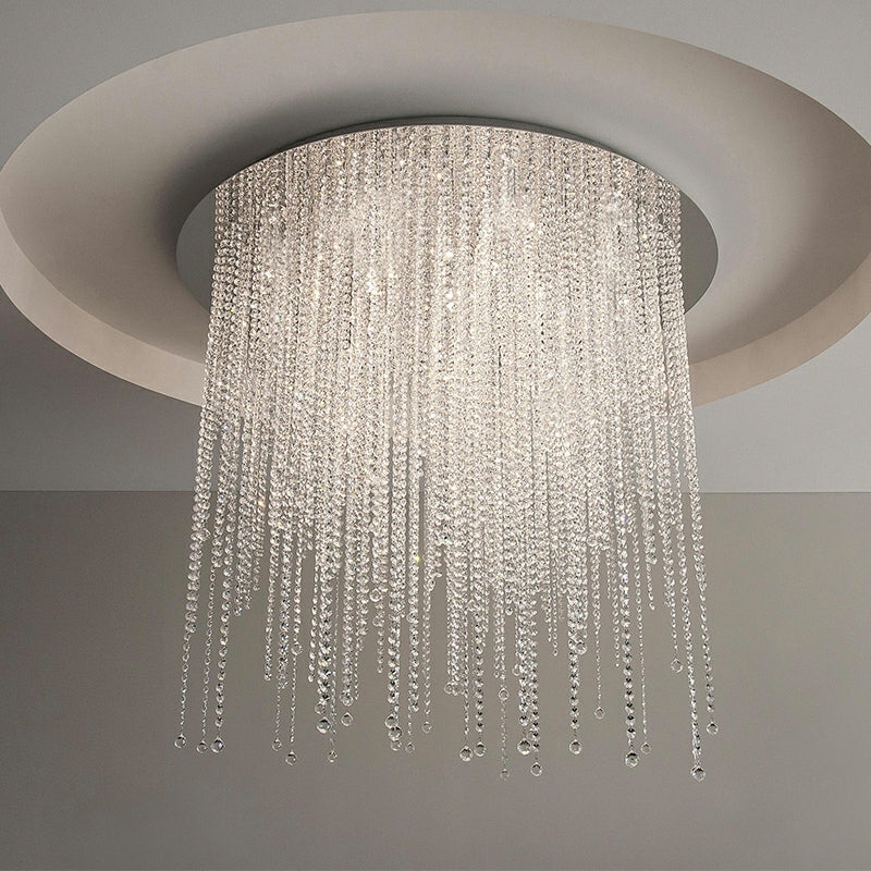 Crystal Tassel Flush Mounted Chandelier Round Ceiling Light Fixture For Living/ Bedroom