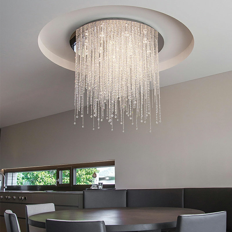 Crystal Tassel Flush Mounted Chandelier Round Ceiling Light Fixture For Living/ Bedroom