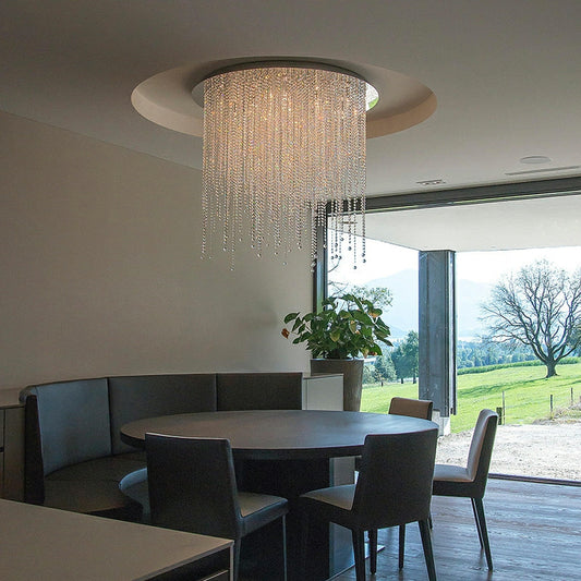 Crystal Tassel Flush Mounted Chandelier Round Ceiling Light Fixture For Living/ Bedroom