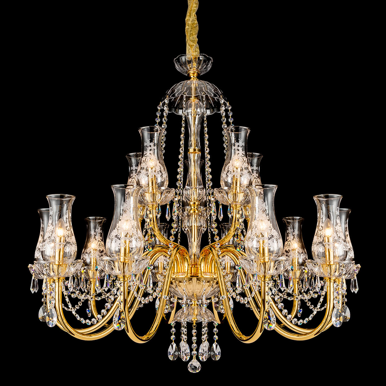 2 tier brass chandelier with glass shades