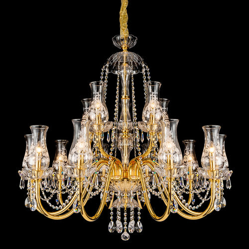 2 tier brass chandelier with glass shades