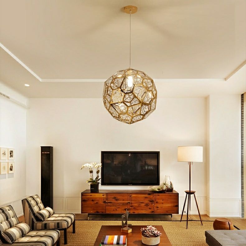 Elegant Italian Designer Single 1-Light Textured Geometric Pendant Lamp With Bulbs Diamond Ball Shaped Ceiling Light Fixture In Gold Finish