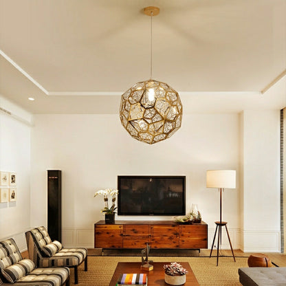 Elegant Italian Designer Single 1-Light Textured Geometric Pendant Lamp With Bulbs Diamond Ball Shaped Ceiling Light Fixture In Gold Finish
