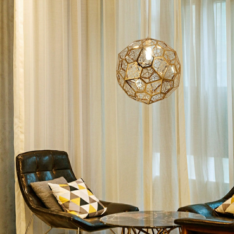 Elegant Italian Designer Single 1-Light Textured Geometric Pendant Lamp With Bulbs Diamond Ball Shaped Ceiling Light Fixture In Gold Finish