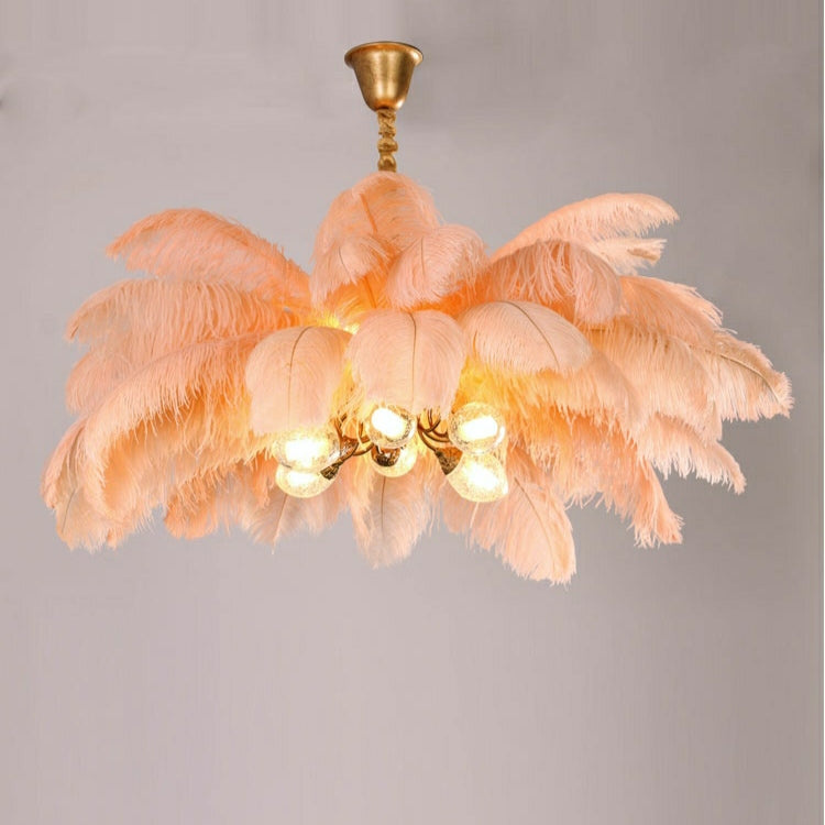 Elegant Ostrich Feather Brass Living Room Chandelier Pure Copper Ceiling Lighting Fixture For Women's Bedroom