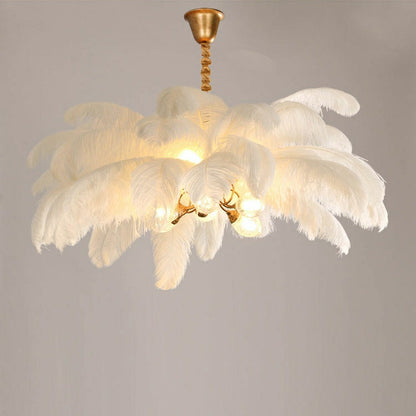 Elegant Ostrich Feather Brass Living Room Chandelier Pure Copper Ceiling Lighting Fixture For Women's Bedroom
