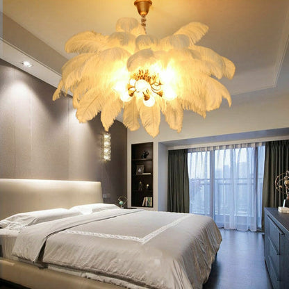 Elegant Ostrich Feather Brass Living Room Chandelier Pure Copper Ceiling Lighting Fixture For Women's Bedroom