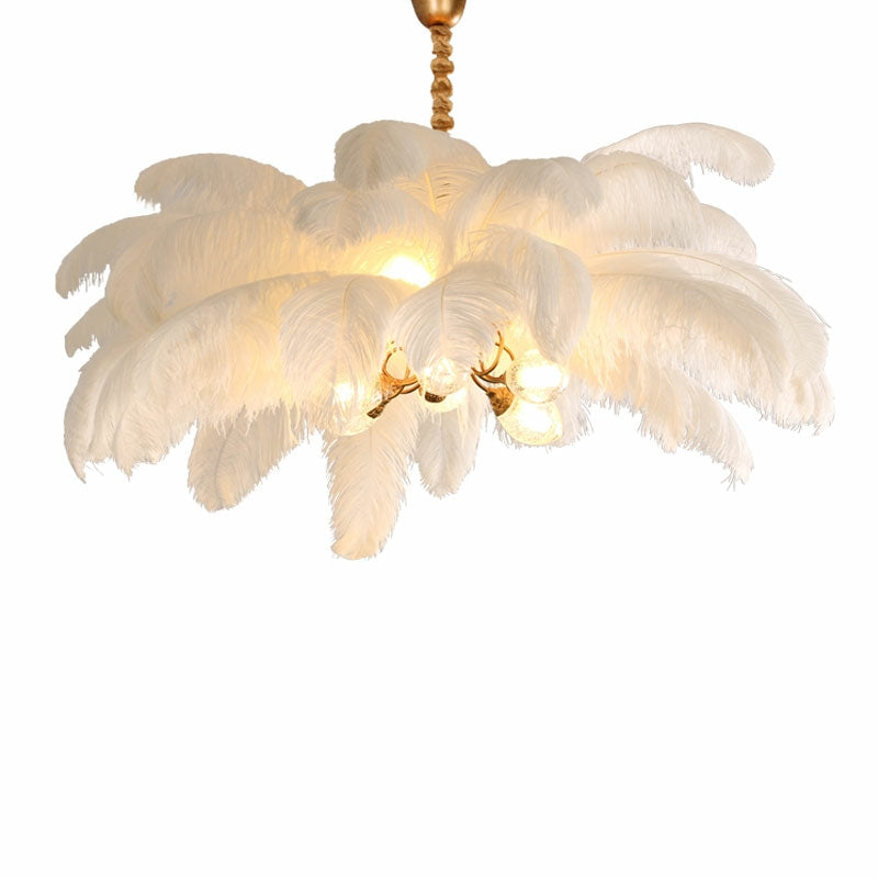 Elegant Ostrich Feather Brass Living Room Chandelier Pure Copper Ceiling Lighting Fixture For Women's Bedroom