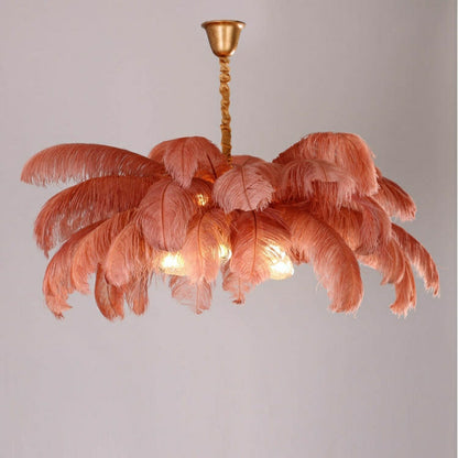 Elegant Ostrich Feather Brass Living Room Chandelier Pure Copper Ceiling Lighting Fixture For Women's Bedroom