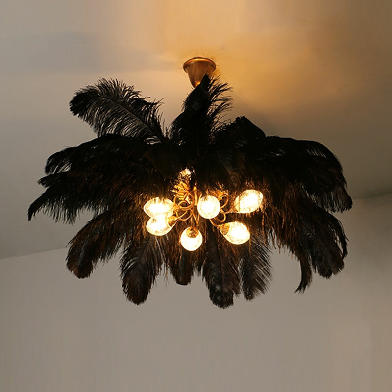 Elegant Ostrich Feather Brass Living Room Chandelier Pure Copper Ceiling Lighting Fixture For Women's Bedroom