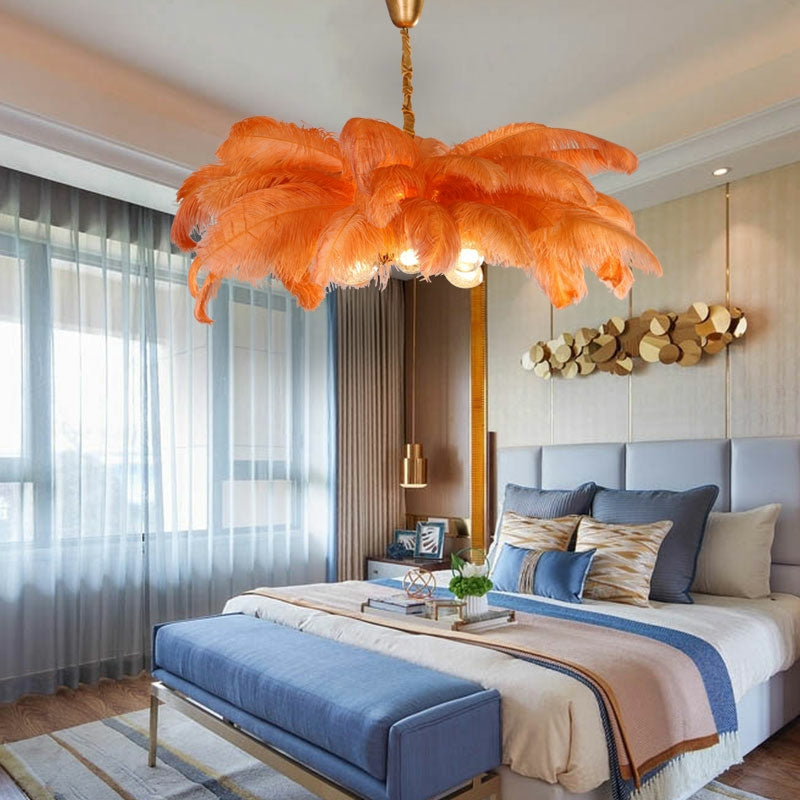 Elegant Ostrich Feather Brass Living Room Chandelier Pure Copper Ceiling Lighting Fixture For Women's Bedroom
