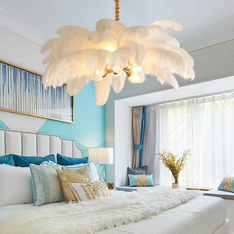 Elegant Ostrich Feather Brass Living Room Chandelier Pure Copper Ceiling Lighting Fixture For Women's Bedroom