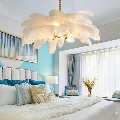 Elegant Ostrich Feather Brass Living Room Chandelier Pure Copper Ceiling Lighting Fixture For Women's Bedroom