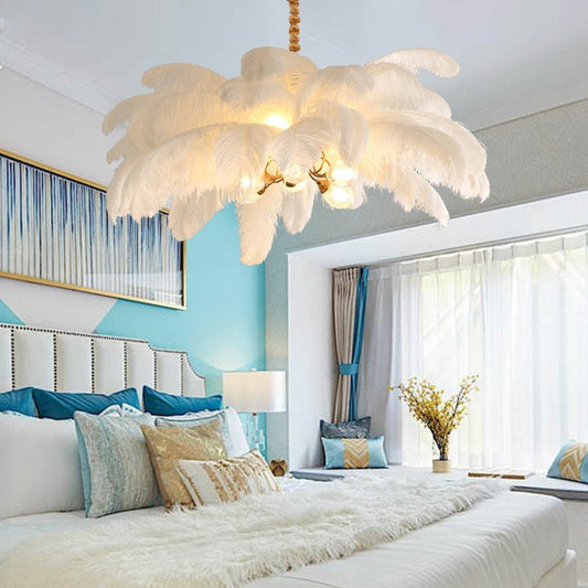 Elegant Ostrich Feather Brass Living Room Chandelier Pure Copper Ceiling Lighting Fixture For Women's Bedroom