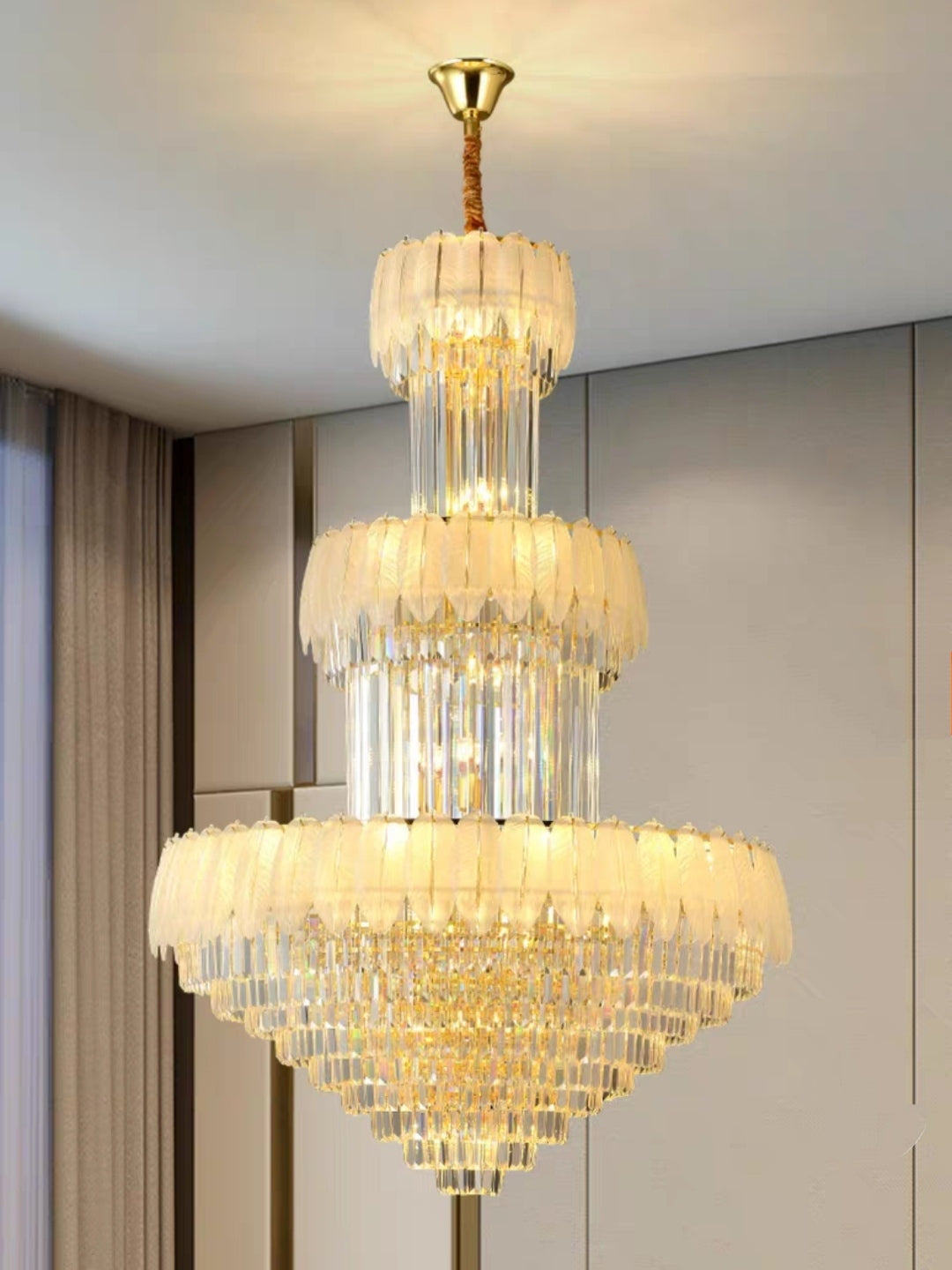 Extra Large Crystal Feather Style Chandelier Long Foyer Staircase Ceiling Lighting Fixture For Living Room - Richardrider