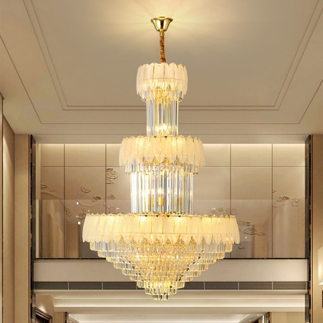 Extra Large Crystal Feather Style Chandelier Long Foyer Staircase Ceiling Lighting Fixture For Living Room - Richardrider