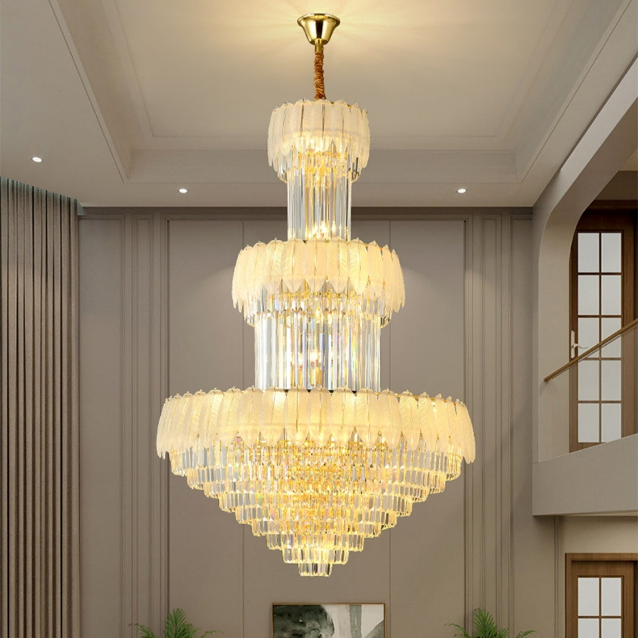 Extra Large Crystal Feather Style Chandelier Long Foyer Staircase Ceiling Lighting Fixture For Living Room - Richardrider