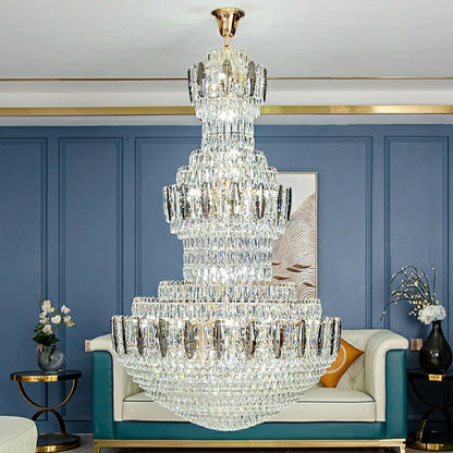 Golden Era Grand Cascade Fountain Smoky and Clear Crystal Chandelier for High-ceiling