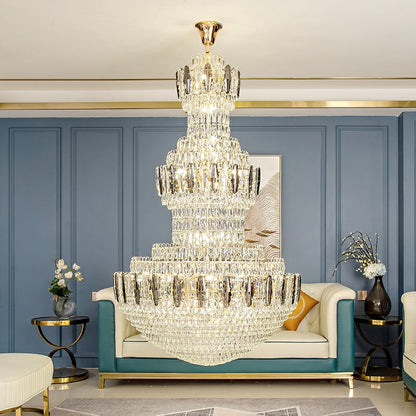 Golden Era Grand Cascade Fountain Smoky and Clear Crystal Chandelier for High-ceiling