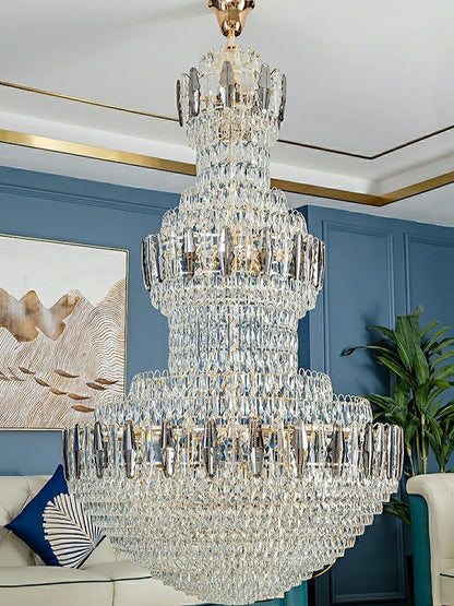 Golden Era Grand Cascade Fountain Smoky and Clear Crystal Chandelier for High-ceiling