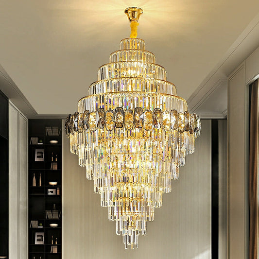 Fashion Large Staircase Chandelier For Foyer Living Room Entrance Crystal Ceiling Light Fixture In Gold Finish - Richardrider