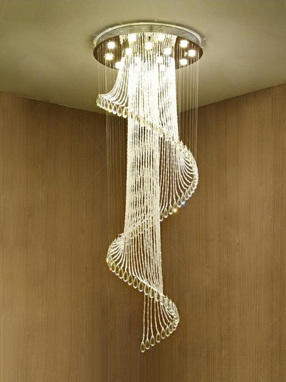 Flush Mounted Spiral Crystal Drops Chandelier Round LED Ceiling Lighting Fixture For Foyer Staircase/ Hotel Entrance - Richardrider