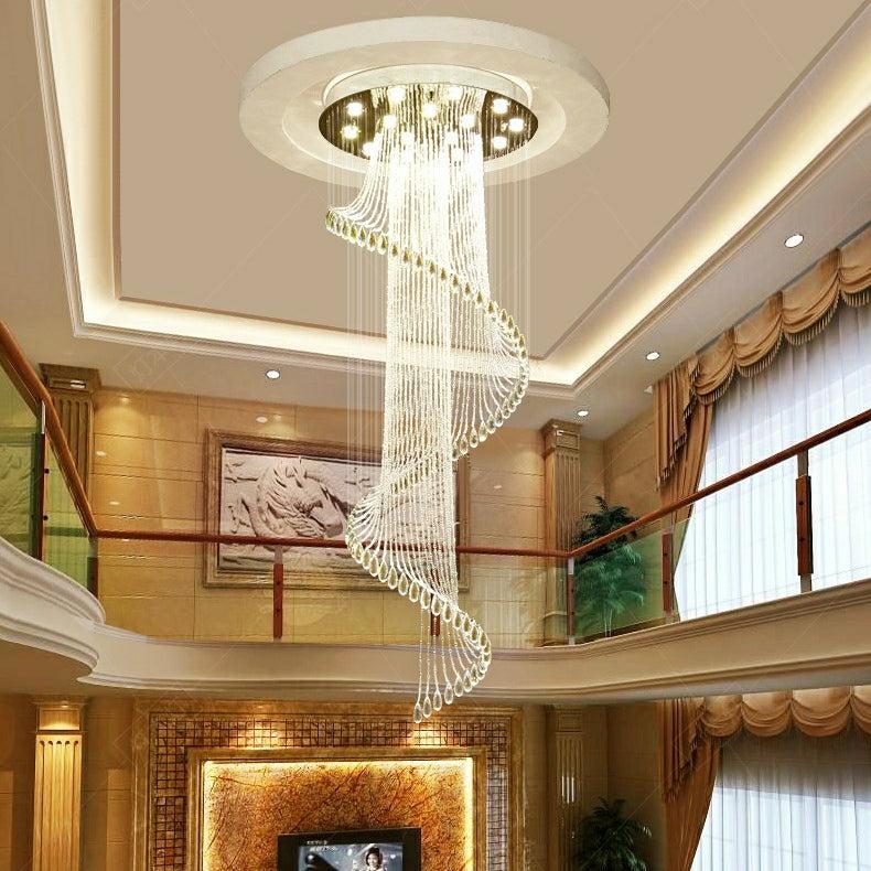 Flush Mounted Spiral Crystal Drops Chandelier Round LED Ceiling Lighting Fixture For Foyer Staircase/ Hotel Entrance - Richardrider
