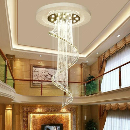 Flush Mounted Spiral Crystal Drops Chandelier Round LED Ceiling Lighting Fixture For Foyer Staircase/ Hotel Entrance - Richardrider