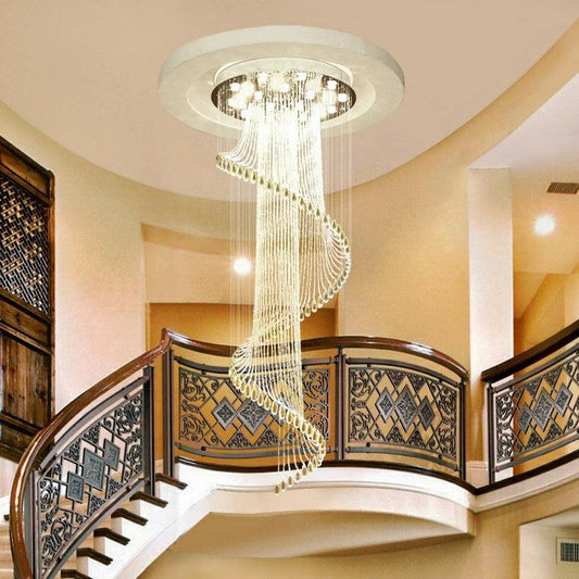 Flush Mounted Spiral Crystal Drops Chandelier Round LED Ceiling Lighting Fixture For Foyer Staircase/ Hotel Entrance - Richardrider