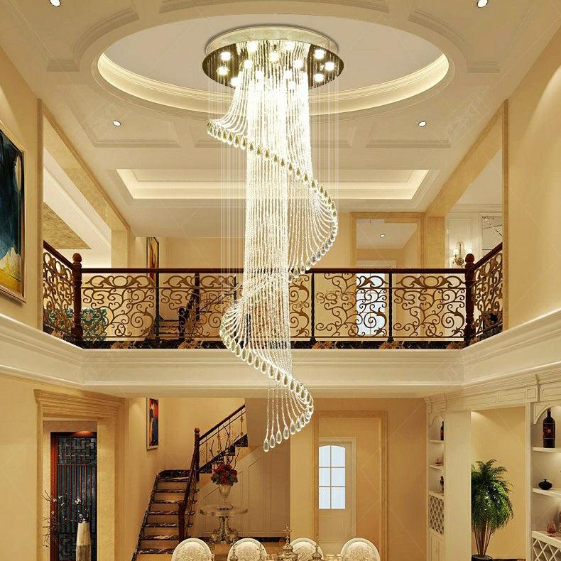 Flush Mounted Spiral Crystal Drops Chandelier Round LED Ceiling Lighting Fixture For Foyer Staircase/ Hotel Entrance - Richardrider