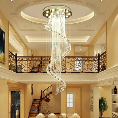 Flush Mounted Spiral Crystal Drops Chandelier Round LED Ceiling Lighting Fixture For Foyer Staircase/ Hotel Entrance - Richardrider