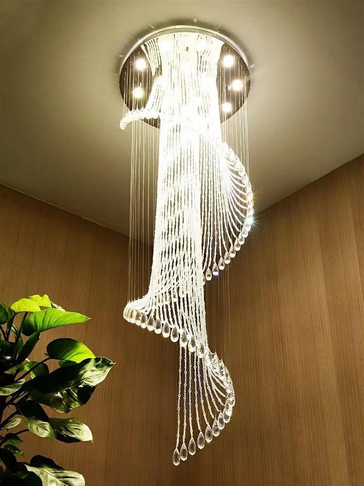 Flush Mounted Spiral Crystal Drops Chandelier Round LED Ceiling Lighting Fixture For Foyer Staircase/ Hotel Entrance - Richardrider