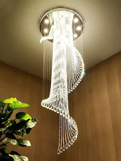 Flush Mounted Spiral Crystal Drops Chandelier Round LED Ceiling Lighting Fixture For Foyer Staircase/ Hotel Entrance - Richardrider