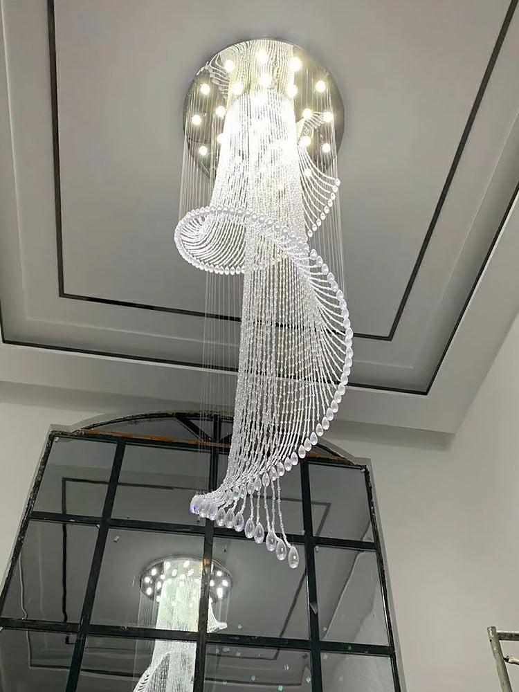 Flush Mounted Spiral Crystal Drops Chandelier Round LED Ceiling Lighting Fixture For Foyer Staircase/ Hotel Entrance - Richardrider