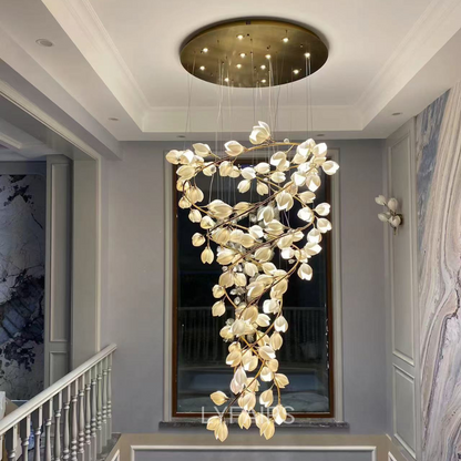 Spiral Pure White Magnolia Chandelier with Golden Branches for Staircase/High-ceiling Space/Foyer/ Duplex - Richardrider