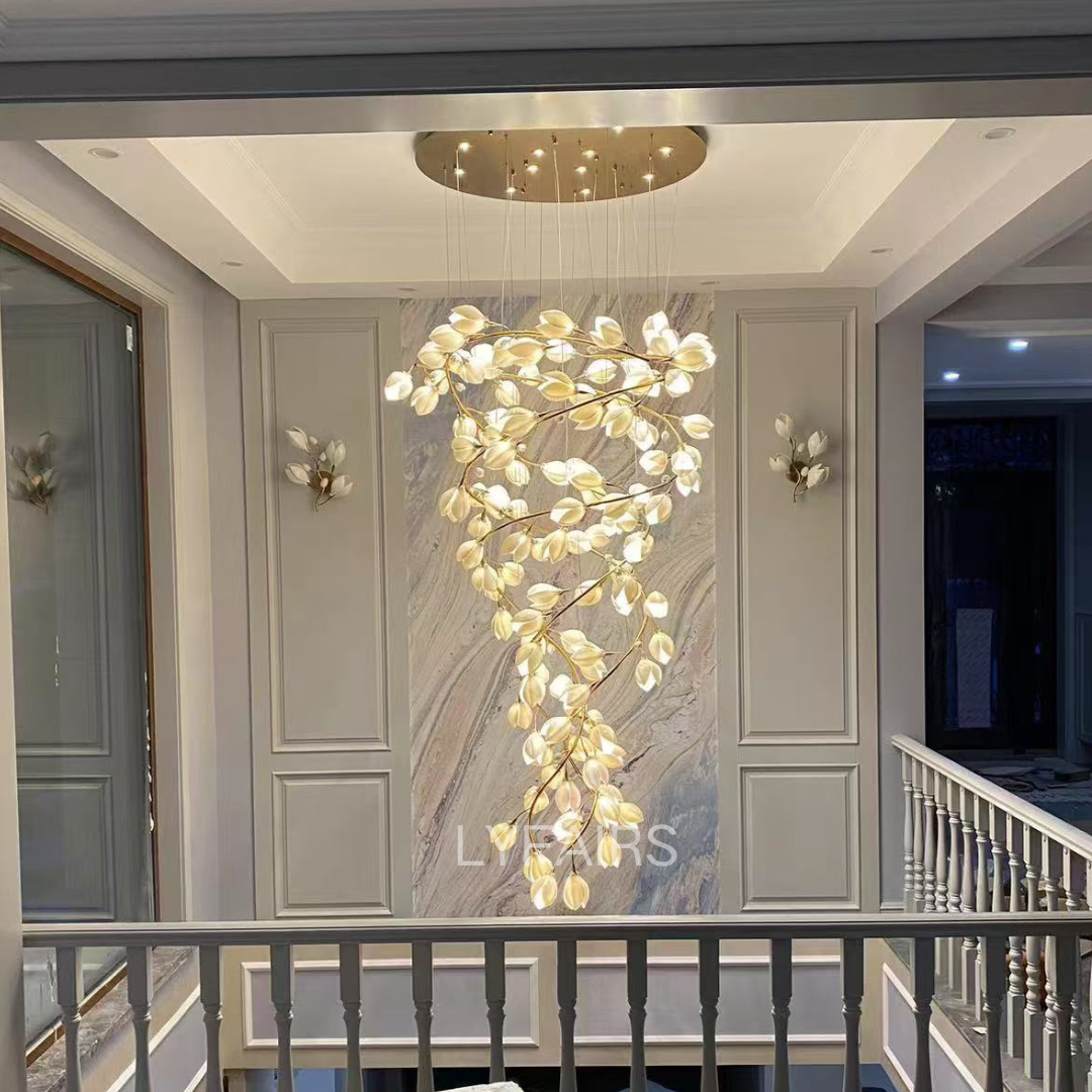 Spiral Pure White Magnolia Chandelier with Golden Branches for Staircase/High-ceiling Space/Foyer/ Duplex - Richardrider