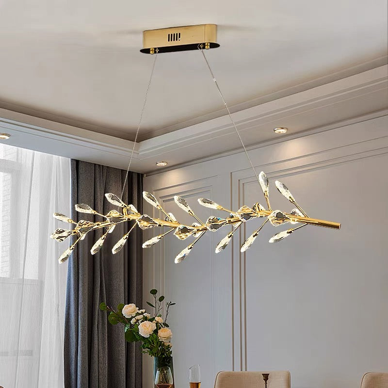 Sleek Modern Branch Crystal Leaves Linear Chandelier for Kitchen Island and Dining Room - Richardrider
