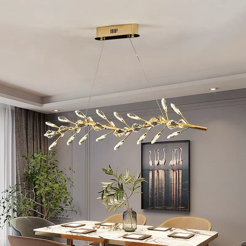 Sleek Modern Branch Crystal Leaves Linear Chandelier for Kitchen Island and Dining Room - Richardrider