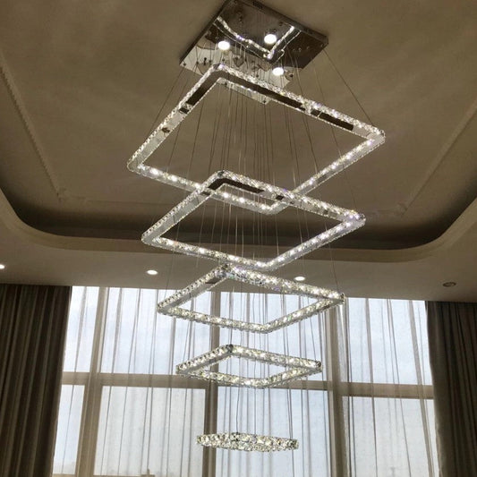 Modern Floating 5/6-tier Square Crystal Chandelier for High-ceiling