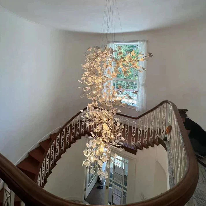 Artistic Tree Branch Pendant Light with Ceramic Ginkgo Leaves - Richardrider