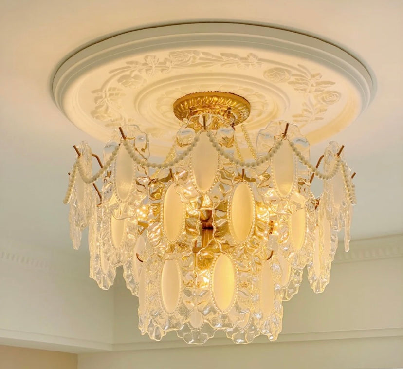 European Vintage Style Luxury Elegant Cream White Chandelier/Ceiling Light Fixture with White Pearl Chains for Living Room Bedroom Restaurant Dining Room