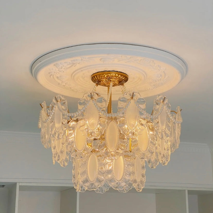 European Vintage Style Luxury Elegant Cream White Chandelier/Ceiling Light Fixture with White Pearl Chains for Living Room Bedroom Restaurant Dining Room