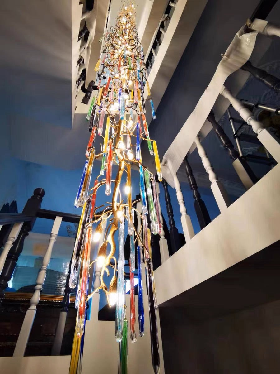 Modern Light Luxury Brass Branches Colored Glass Column Chandelier for Staircase/Living Room/High-ceiling Space - Richardrider