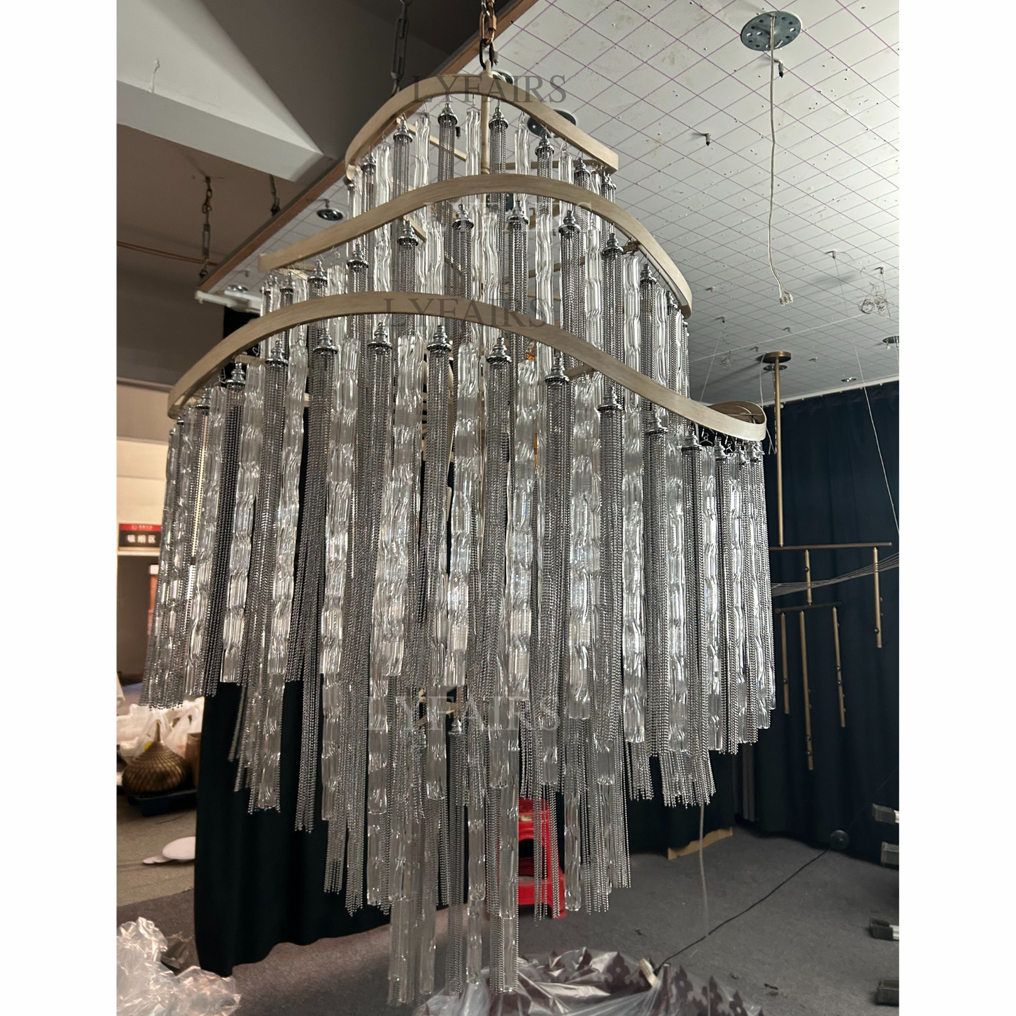 Huge Post-modern Hollow Glass Tube Tassel Chandelier for Living Room/Foyer/Villa/Stairs