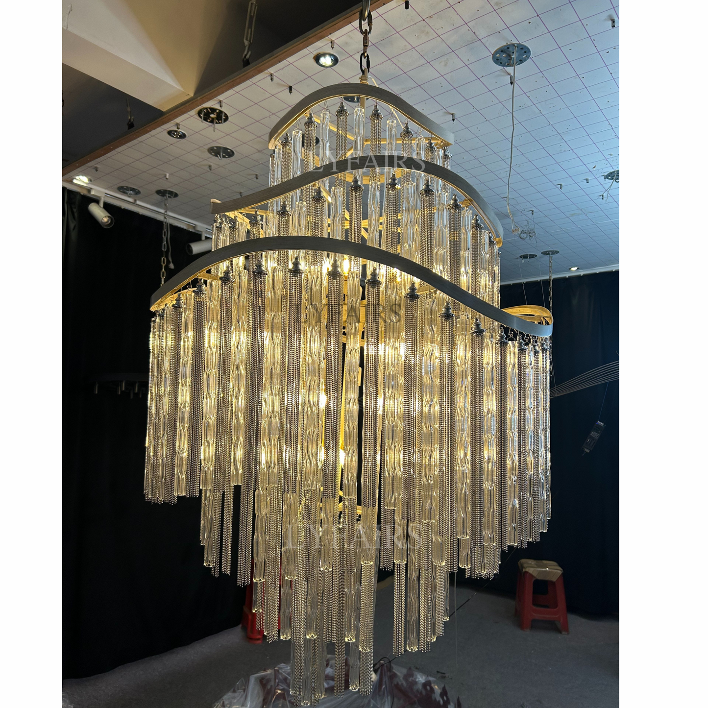 Huge Post-modern Hollow Glass Tube Tassel Chandelier for Living Room/Foyer/Villa/Stairs