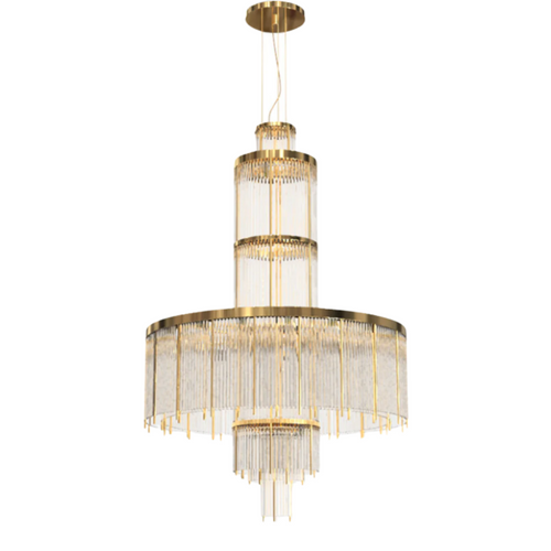 Modern Multi-layered Glass&Metal Rods Chandelier for High-ceiling