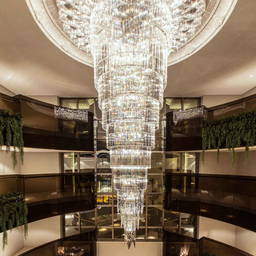 Long hotel lobby crystal chandelier