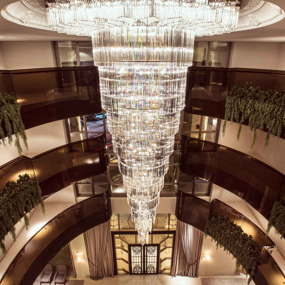 Long hotel lobby crystal chandelier